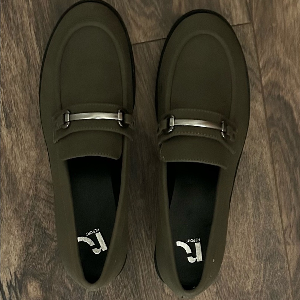 Report women’s loafers . Olive color with silver accent. Worn once . Like new